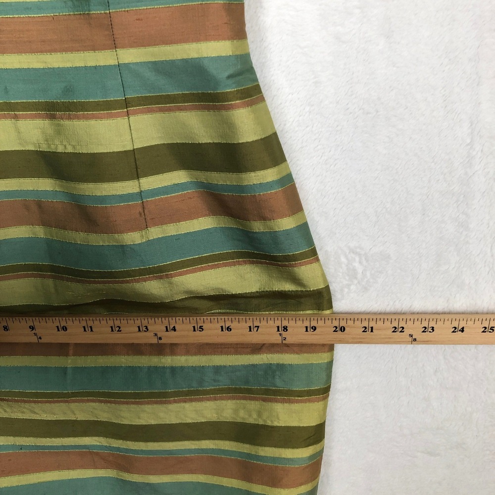 MAGGY LONDON 100% Silk Striped Sheath Dress Sz 8 Green Teal Copper Sleeveless - Picture 9 of 10